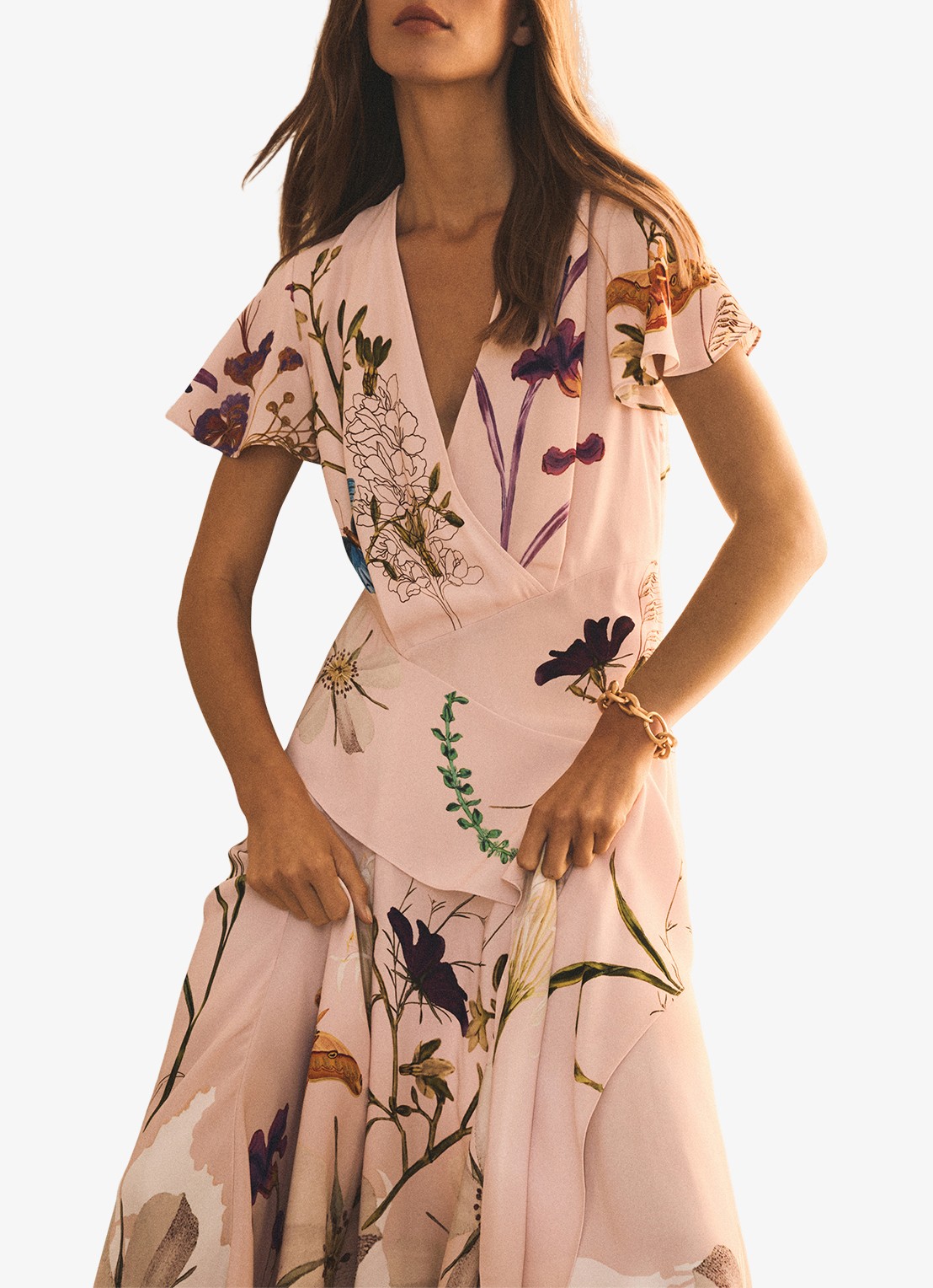 Reiss Verity midi tuniekjurk met bloemenprint - detail 3 pale pink / roze