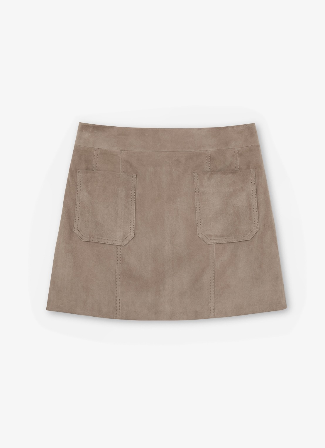 Reiss Vida minirok van geitensuède met opstikzakken - voorkant beige