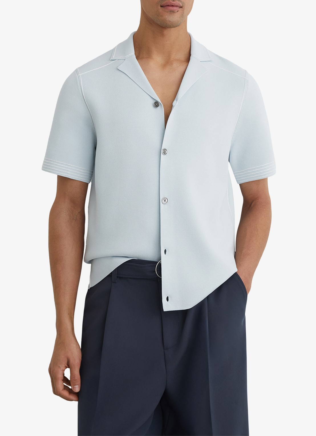 Reiss WANDSWORTH Stitch-Detail Cuban-Collar Knit Shirt - detail 4 lichtblauw
