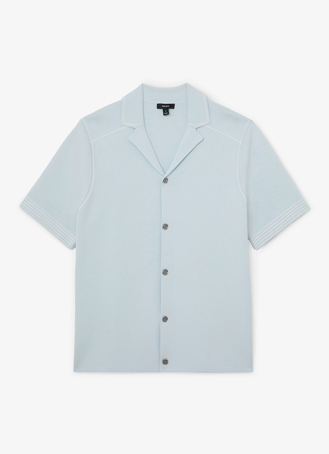 Reiss WANDSWORTH Stitch-Detail Cuban-Collar Knit Shirt - voorkant lichtblauw