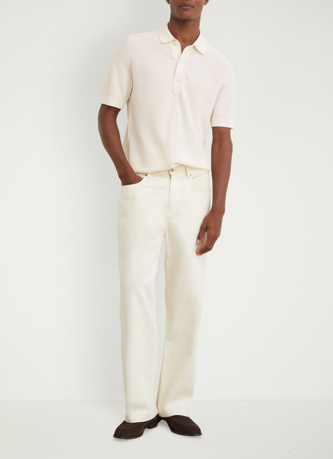 Reiss Warren grofgebreide regular fit polo - voorkant 6 gebroken wit