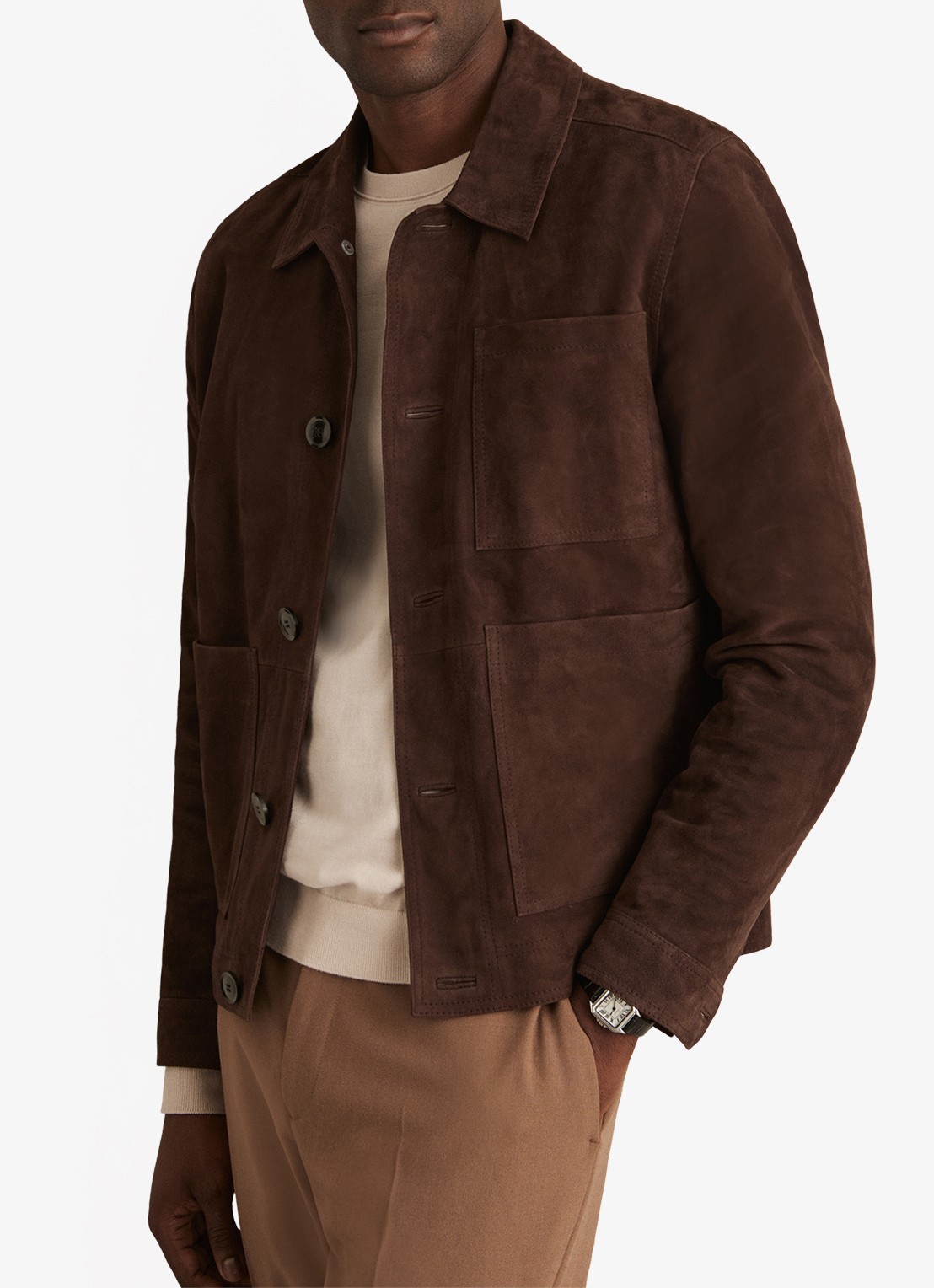 Reiss Wilstead lerenjas van suède - detail 3 chocoladebruin