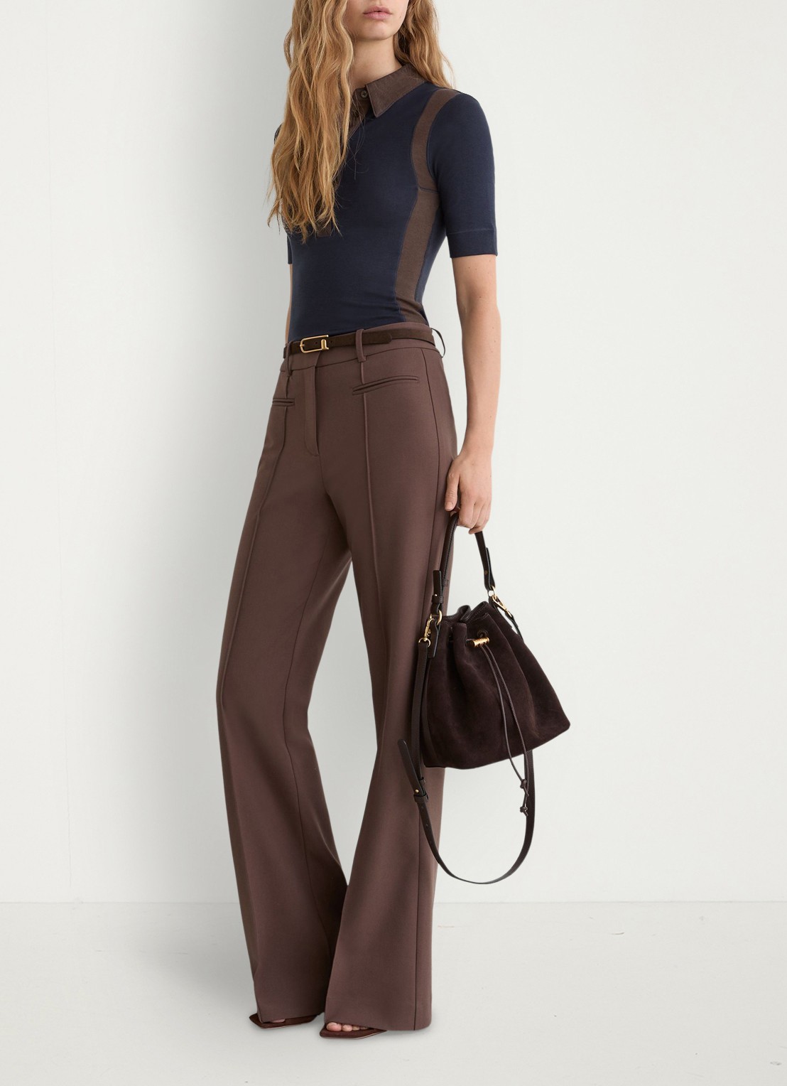 Reiss Winnie top met gestreept detail - voorkant 3 chocoladebruin