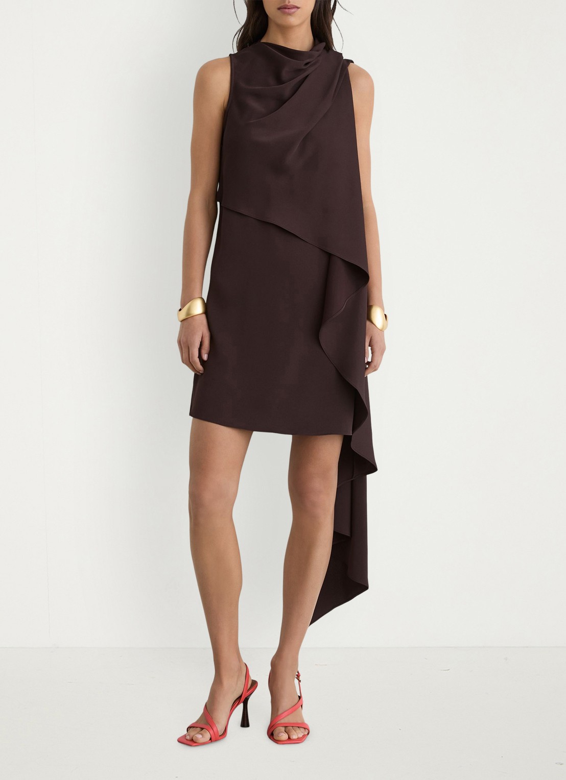 Reiss WRENLEY Drape-Detail Layered Mini Dress - voorkant 3 chocoladebruin