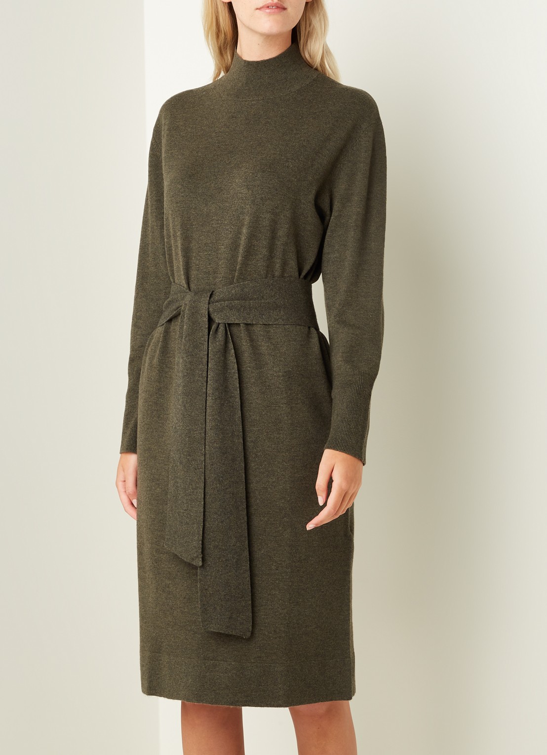 Repeat Midi trui-jurk in kasjmierblend met strikceintuur - detail 4 donkerkhaki