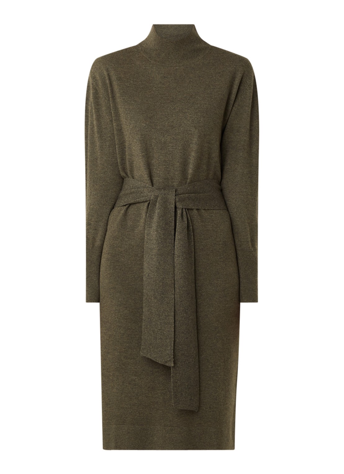 Repeat Midi trui-jurk in kasjmierblend met strikceintuur - voorkant 2 donkerkhaki