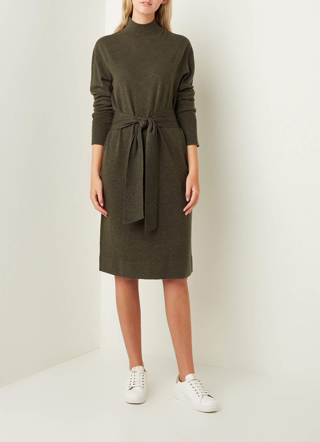 Repeat Midi trui-jurk in kasjmierblend met strikceintuur - voorkant 3 donkerkhaki