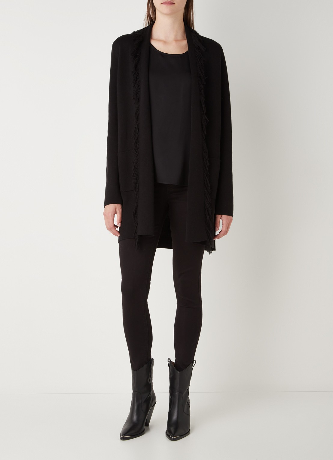 Repeat Vest met franjes en strikceintuur - voorkant 2 zwart