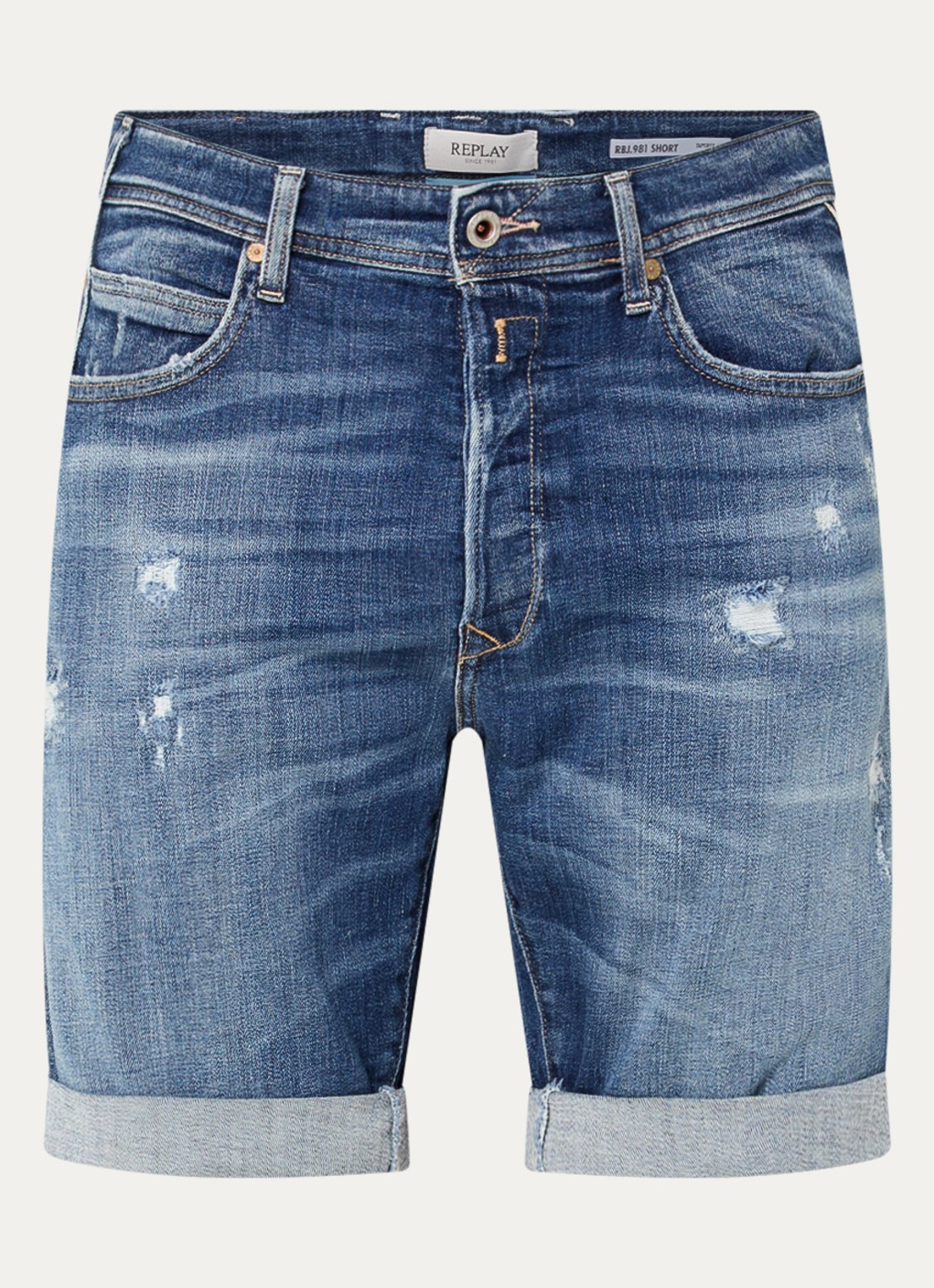 Replay 981 tapered fit korte broek van denim met destroyed afwerking - voorkant 3 indigo
