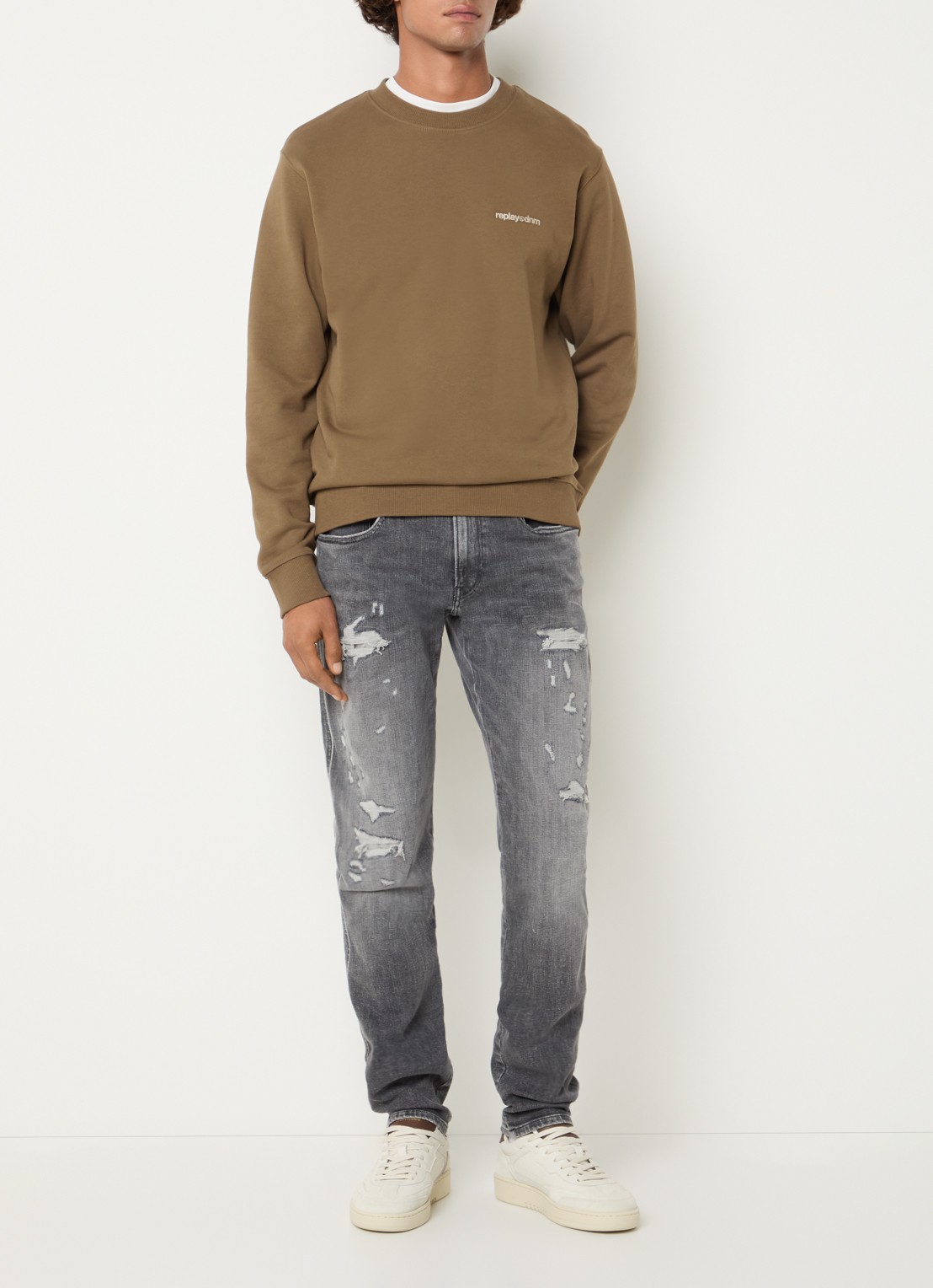 Replay Anbass slim fit jeans met destroyed afwerking - voorkant 5 grijs