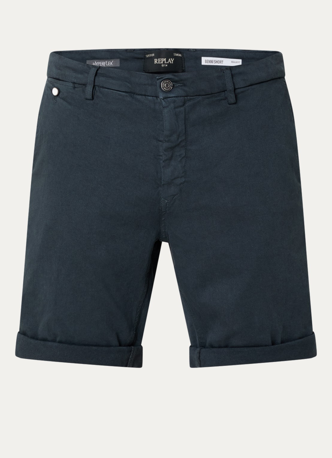 Replay Benni straight fit korte chino met steekzakken - voorkant 3 donkerblauw