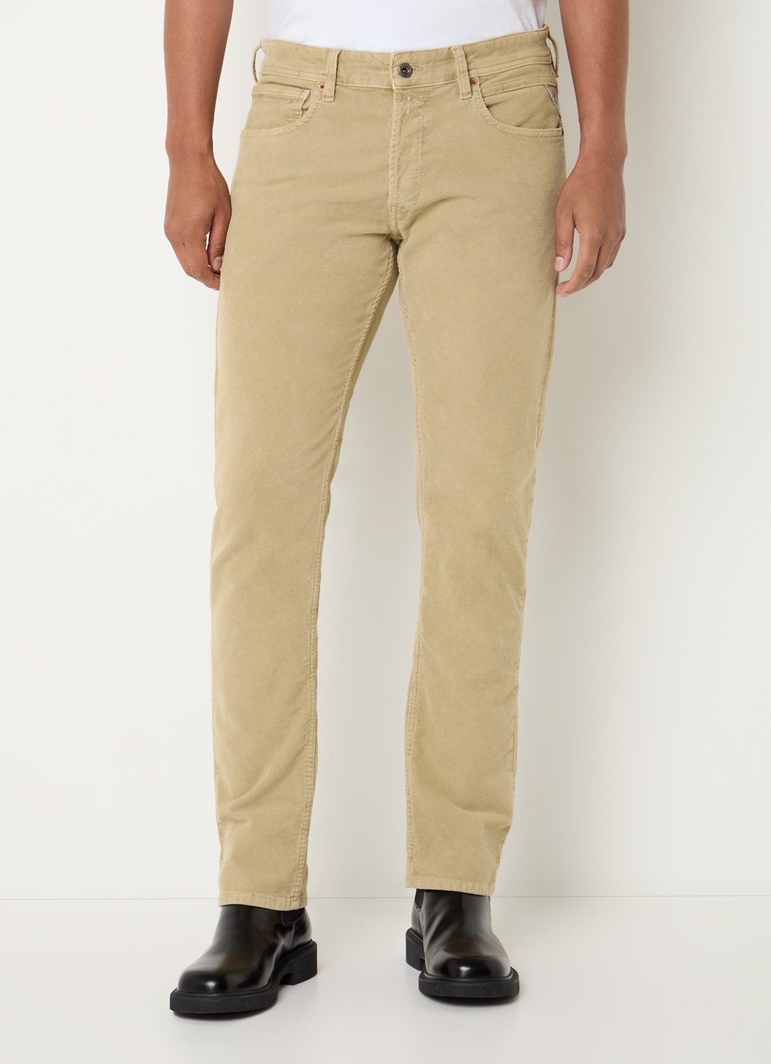 Replay Grover slim fit broek van corduroy met steekzakken - detail zand