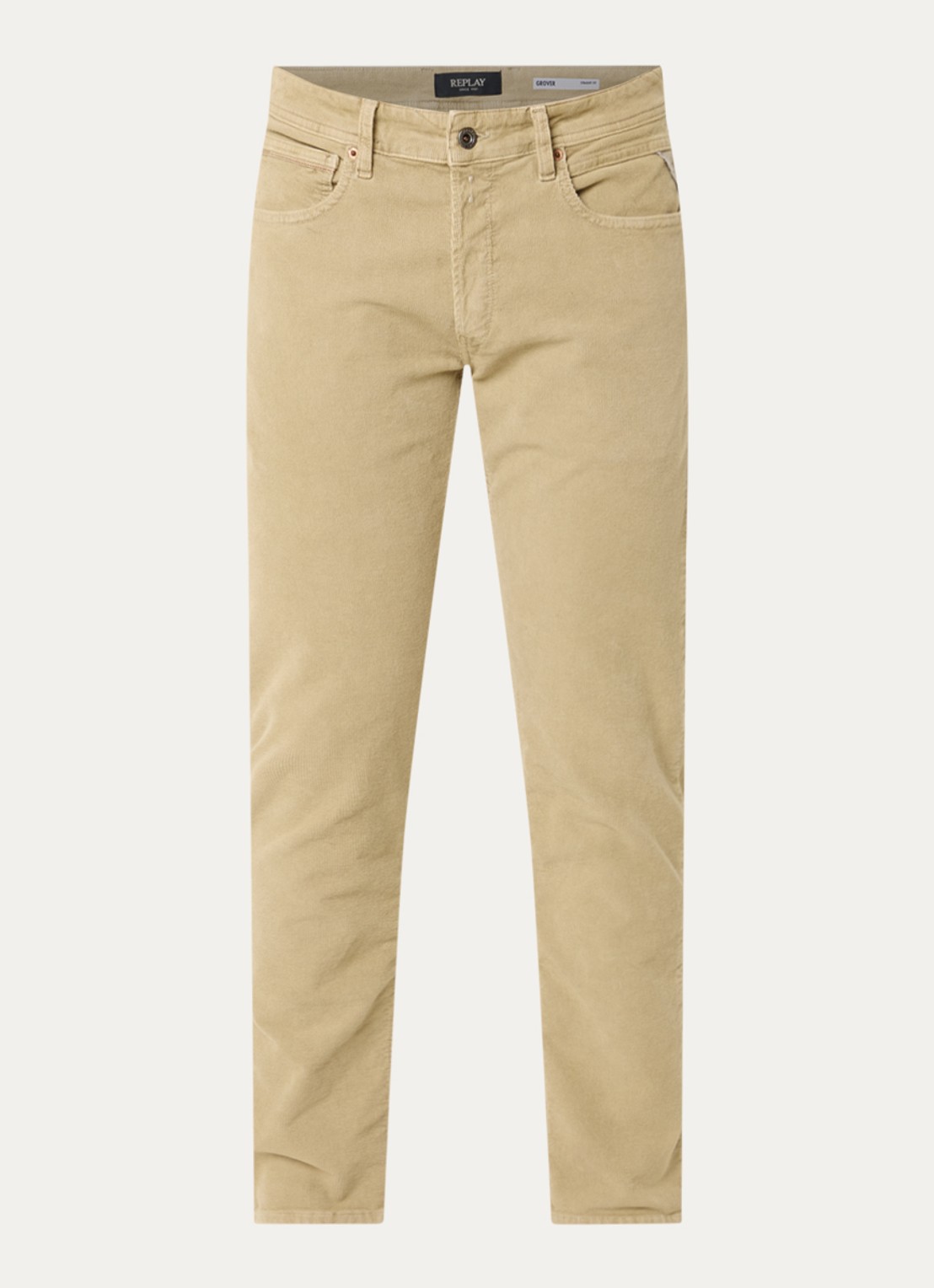 Replay Grover slim fit broek van corduroy met steekzakken - voorkant 3 zand