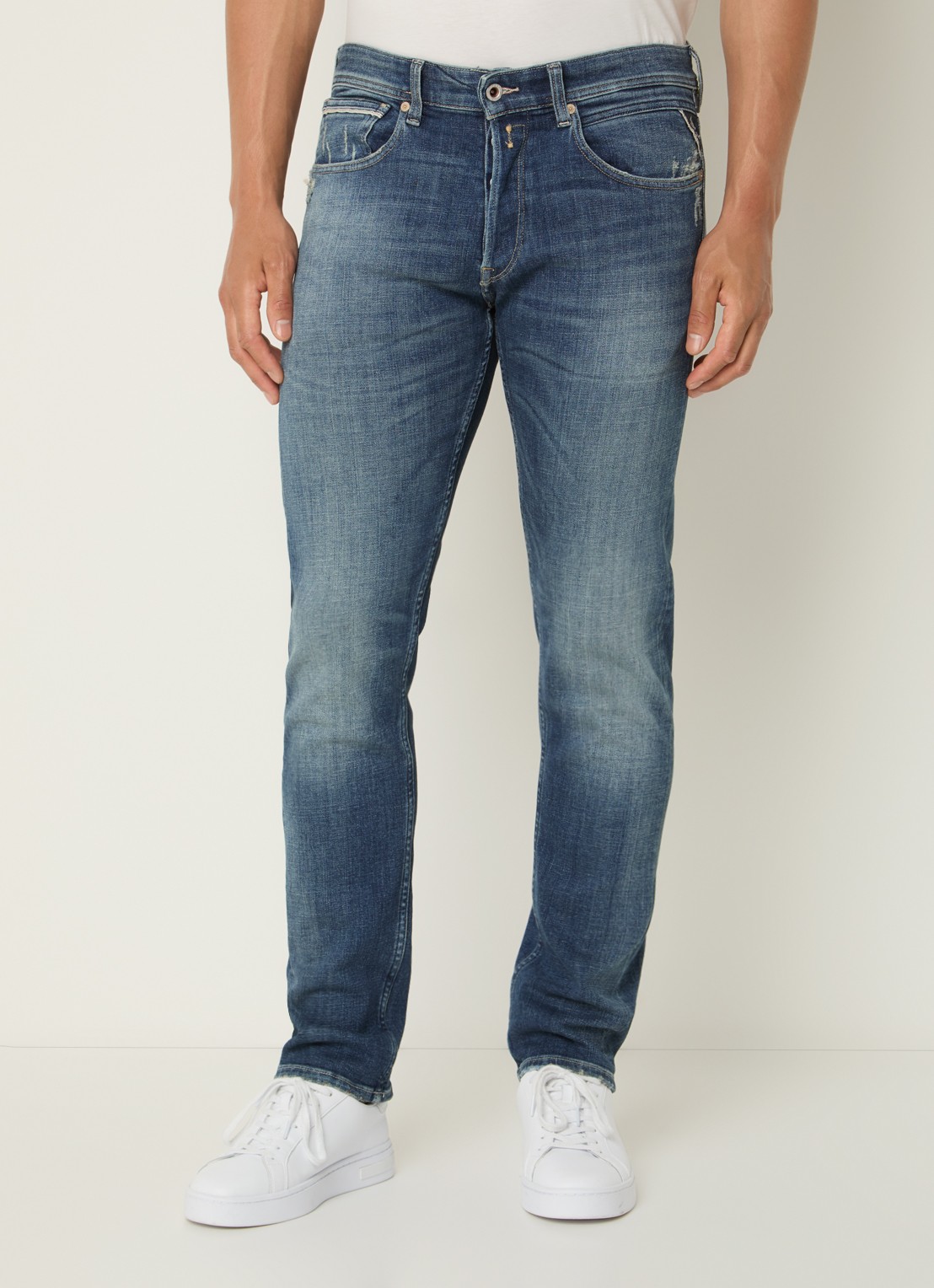 Replay Grover straight leg jeans met medium wassing - detail indigo