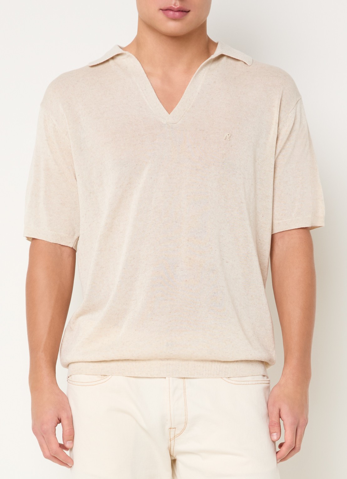 Replay Regular fit polo in linnenblend met gemêleerd dessin - detail 3 creme