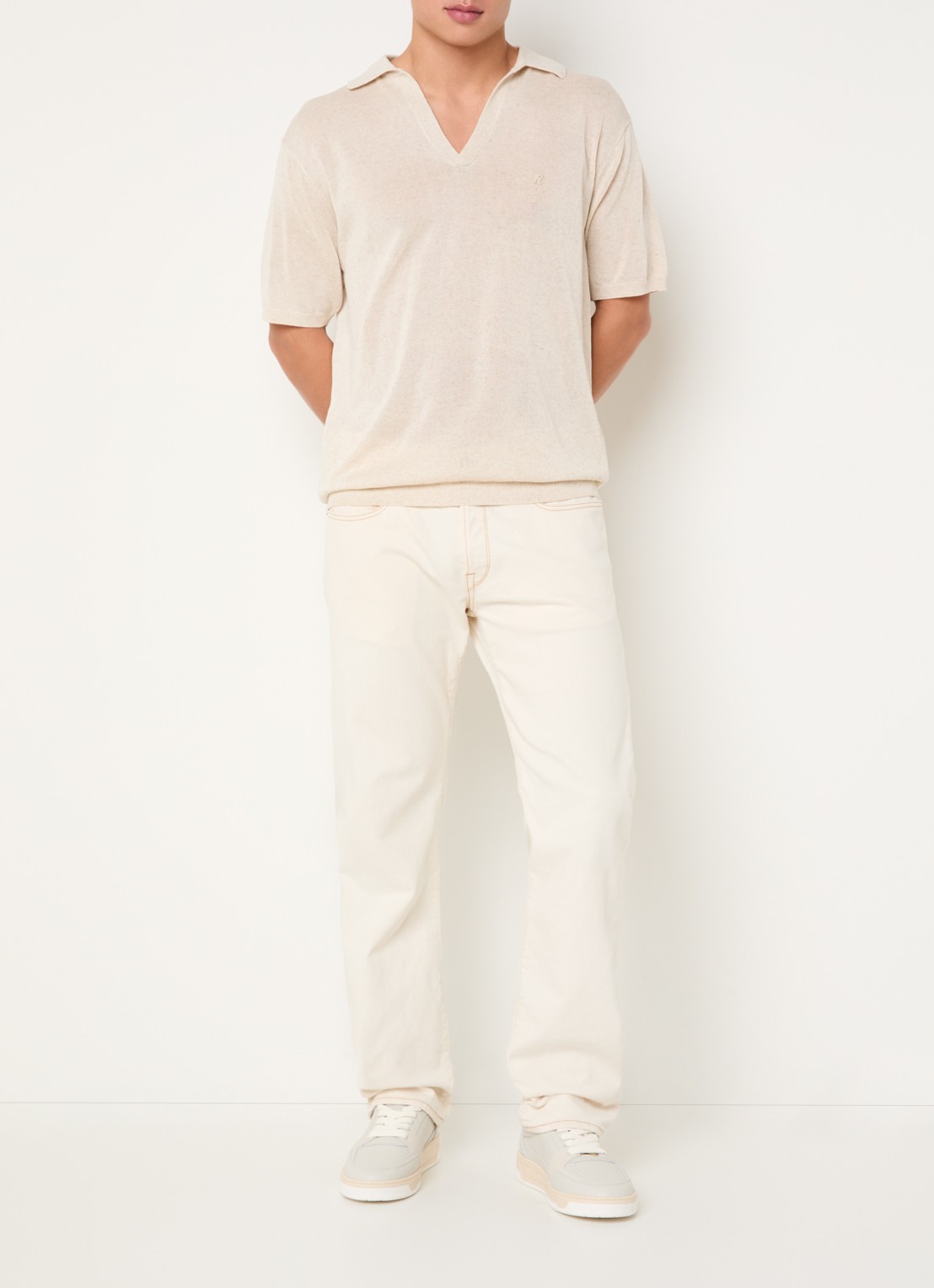 Replay Regular fit polo in linnenblend met gemêleerd dessin - voorkant 2 creme