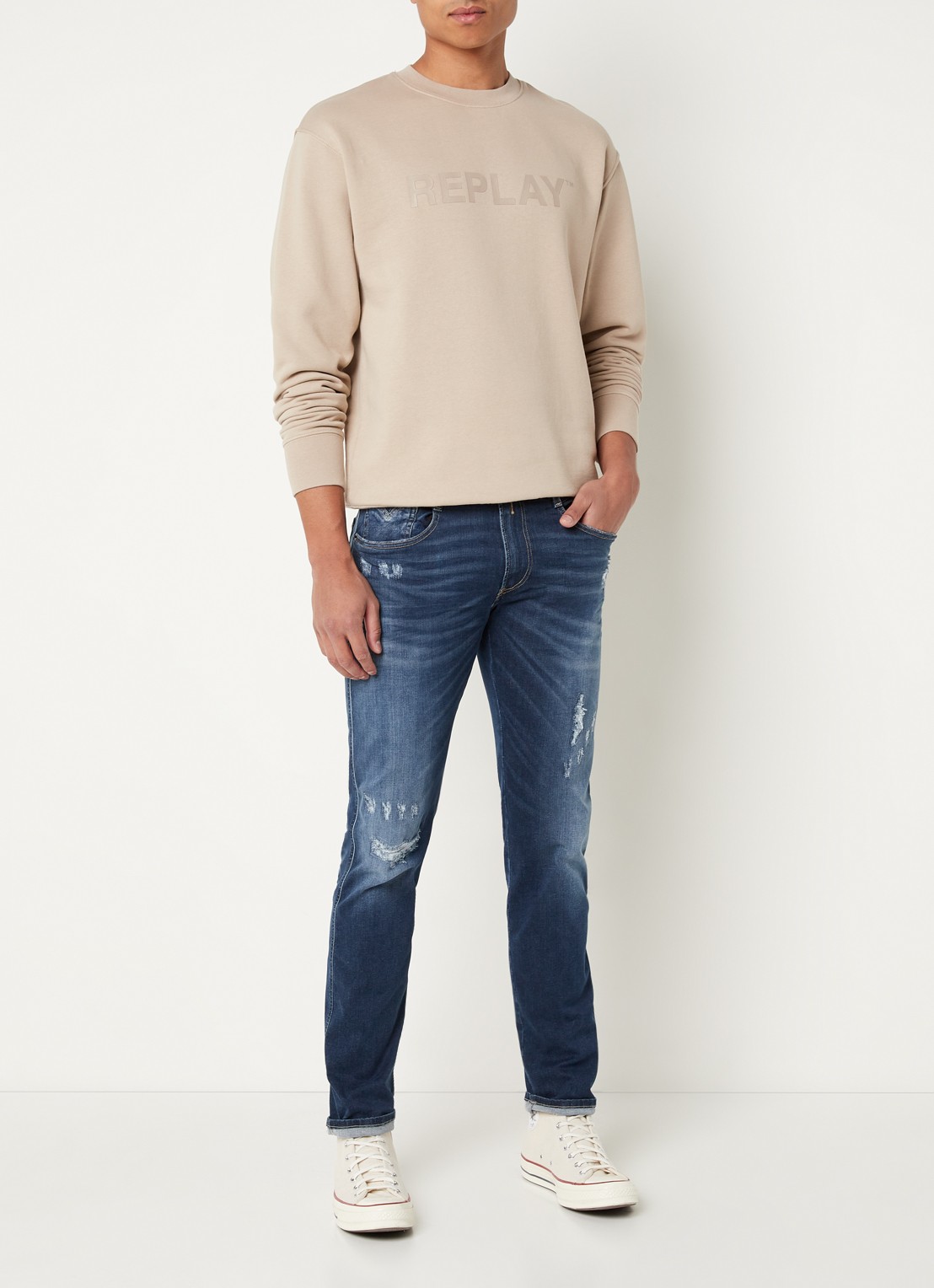 Replay Sweater van biologisch katoen met logoprint - voorkant 4 beige