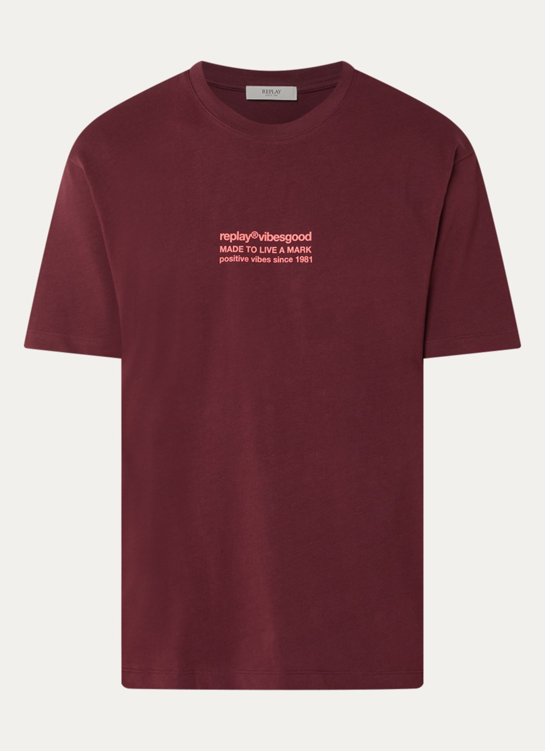 Replay T-shirt met logo- en backprint - voorkant 3 bordeauxrood