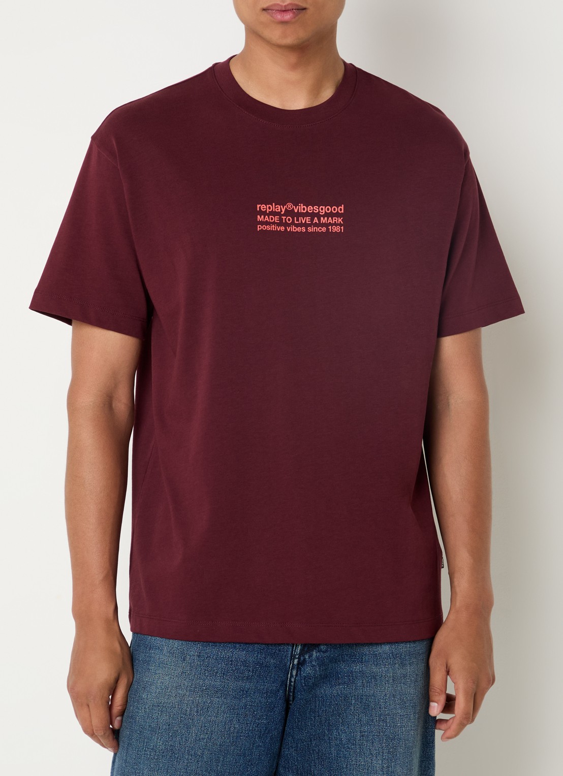Replay T-shirt met logo- en backprint - achterkant bordeauxrood