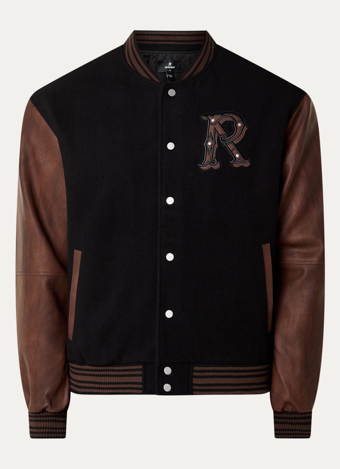 Represent Baseball jack in wolblend met logoborduring - voorkant zwart