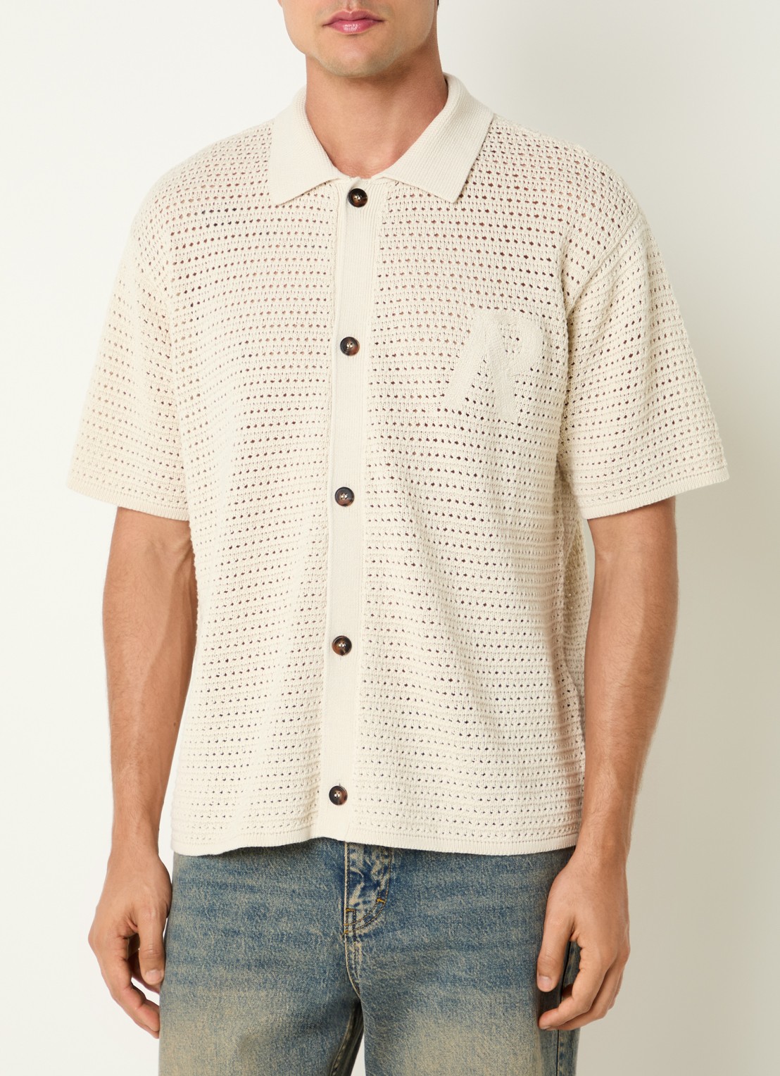 Represent Fijngebreide overshirt met logo - detail 4 gebroken wit