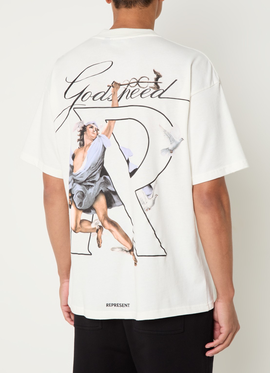 Represent Hermes T-shirt met logo- en backprint - achterkant 3 gebroken wit