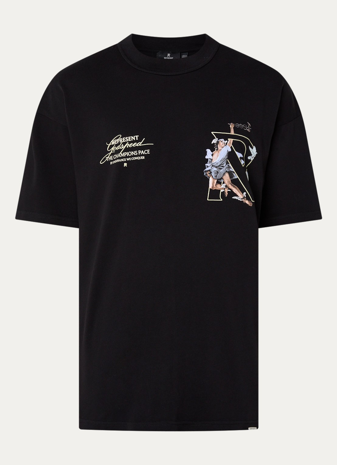 Represent Hermes T-shirt met logo- en backprint - voorkant zwart