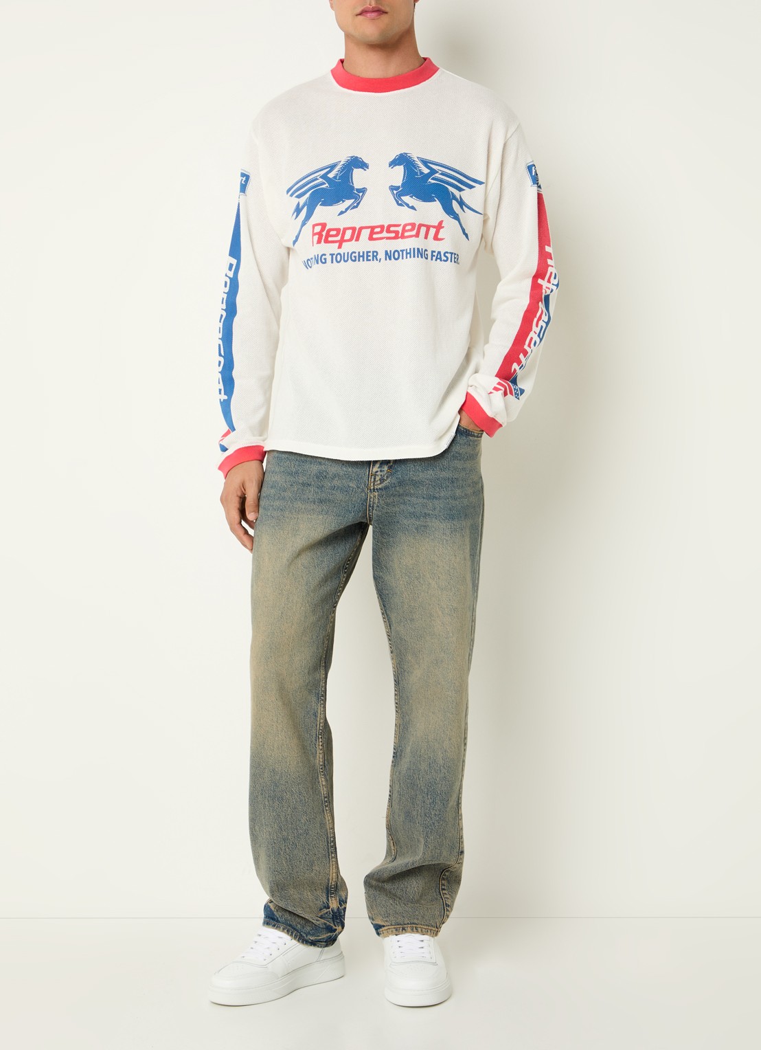 Represent Longsleeve T-shirt met logoprint - voorkant 2 gebroken wit