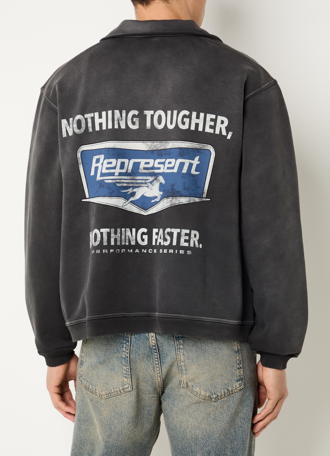 Represent Nothing Faster sweater met halve rits en logo- en backprint - detail antraciet