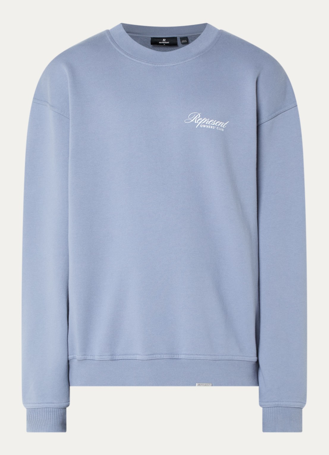 Represent Owners Club Script sweater met logo- en backprint - voorkant staalblauw