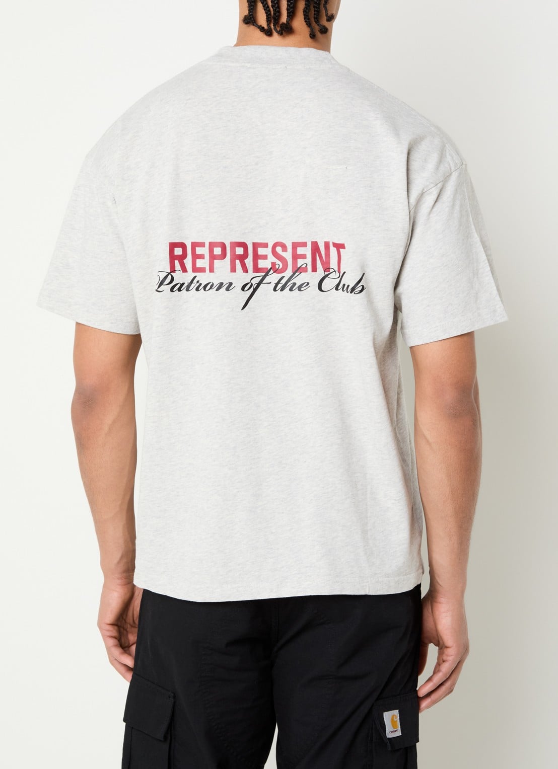 Represent Patron of the Club T-shirt met logo- en backprint - detail grijsmele