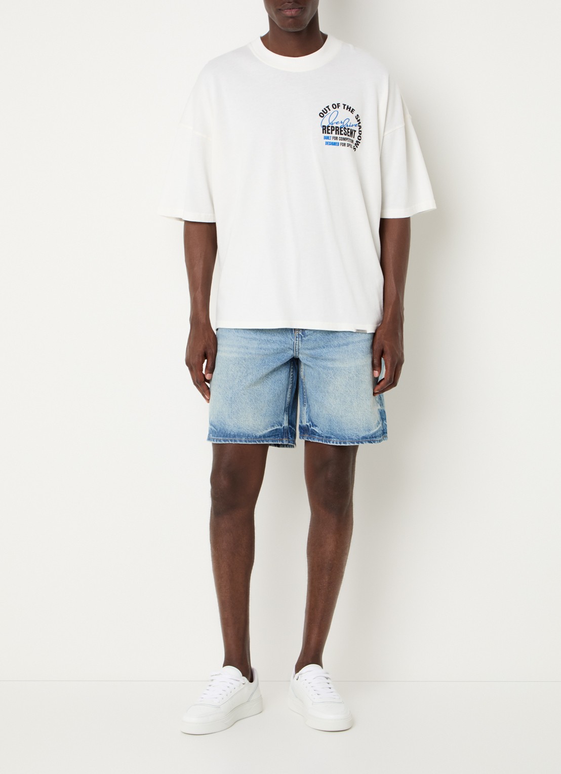 Represent Straight fit korte broek van denim met lichte wassing - voorkant 2 indigo