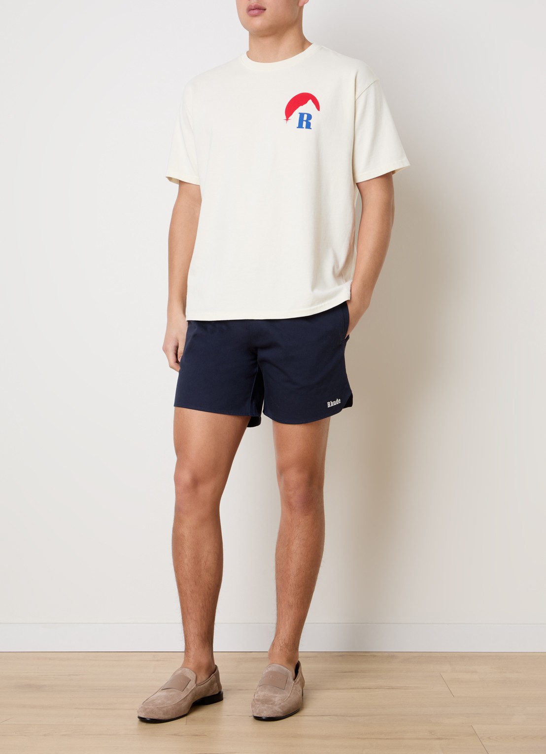 Rhude Moonlight Regatta T-shirt met logo- en backprint - voorkant 2 gebroken wit