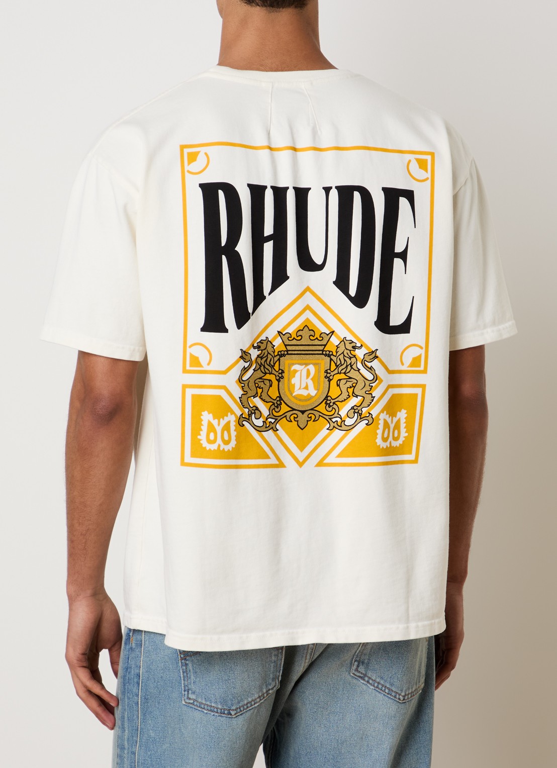 Rhude Playing Card T-shirt met logo- en backprint - detail creme