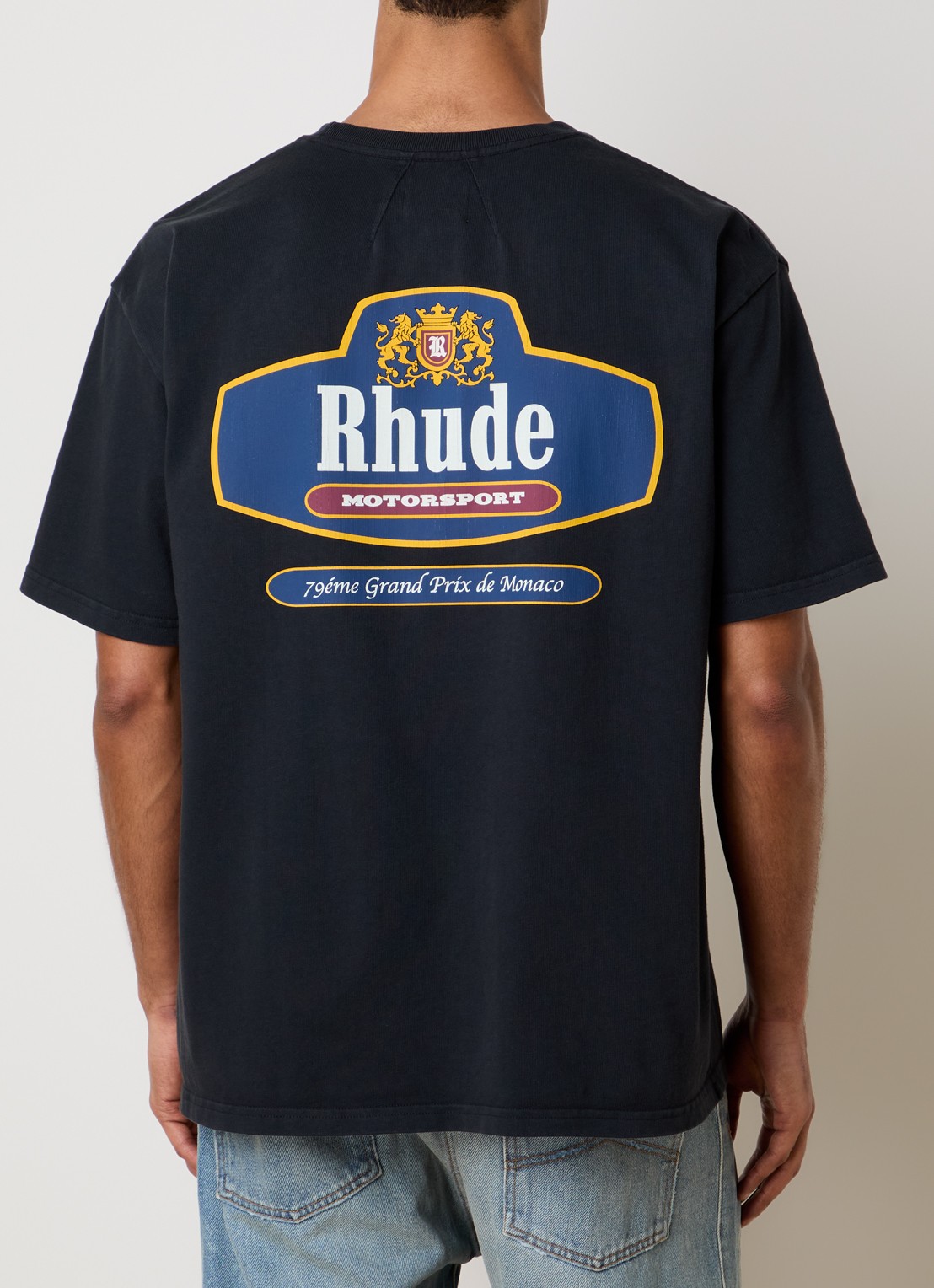 Rhude Racing Crest T-shirt met logo- en backprint - detail donkerblauw