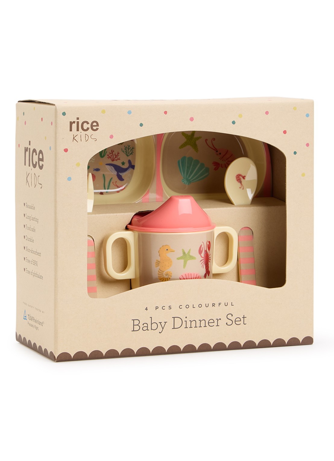 Rice Kinderservies 4-delig - voorkant koraalrood