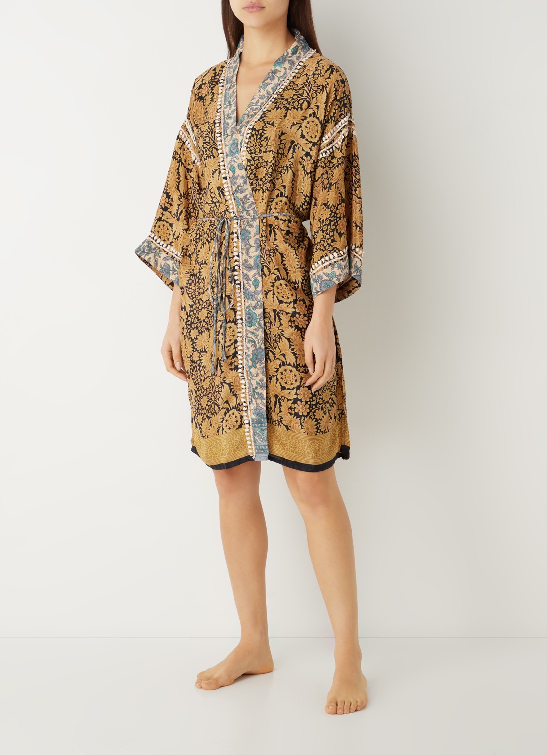 Rituals Jaypur Saree kimono van satijn met paisley dessin - voorkant 5 zwart