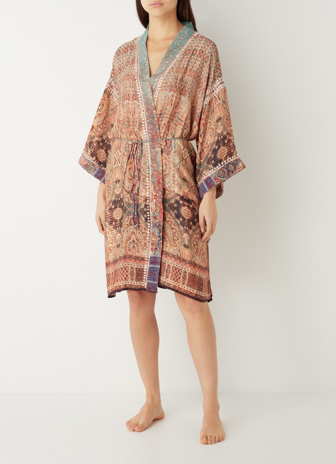 Rituals Jaypur Saree kimono van satijn met paisley dessin - voorkant 3 oranjebruin