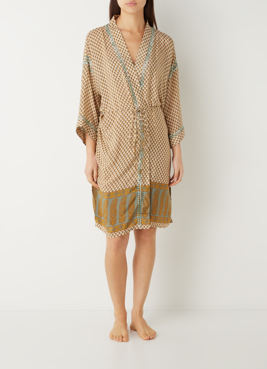 Rituals Jaypur Saree kimono van satijn met paisley dessin - voorkant 2 groen