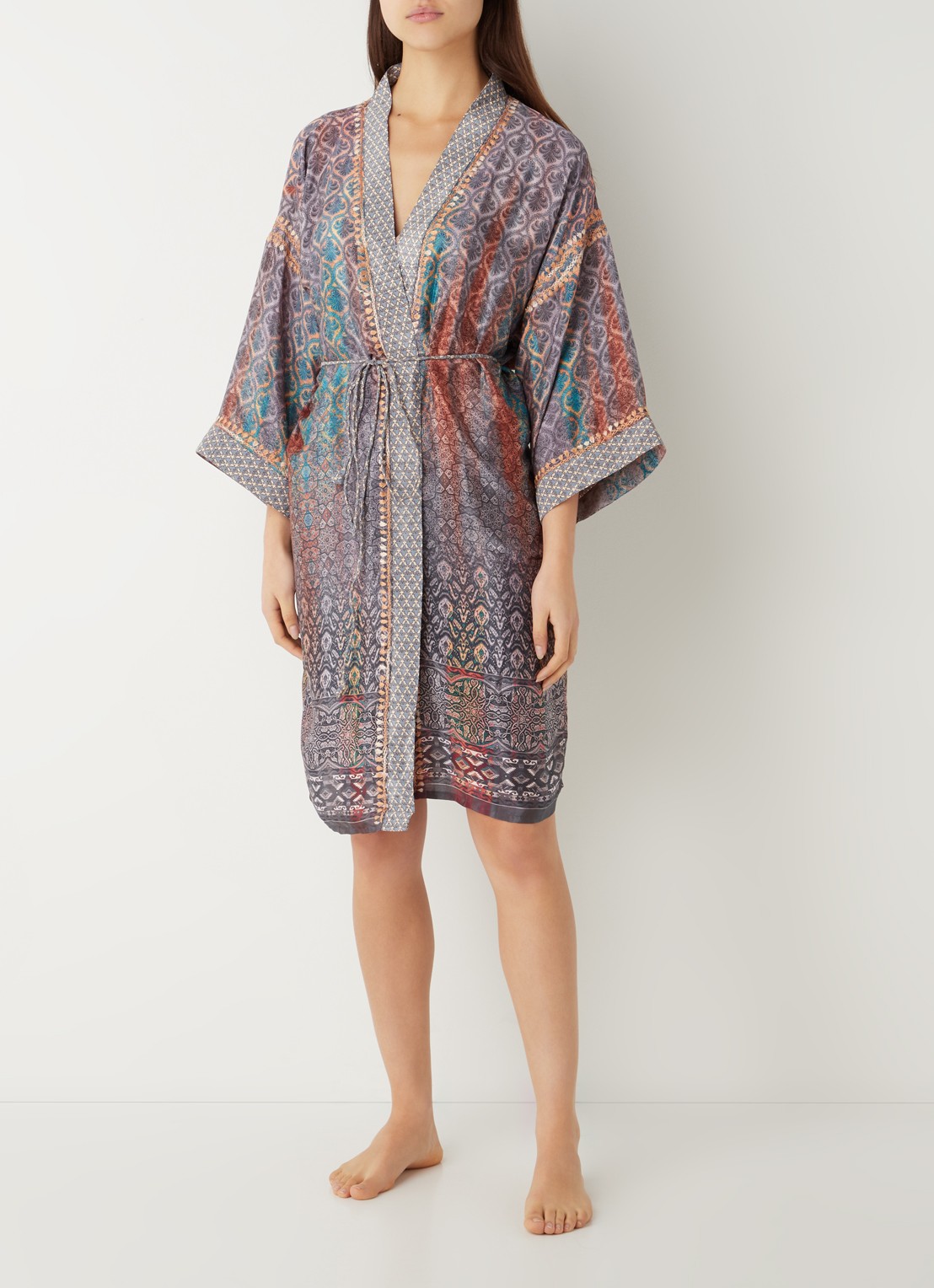 Rituals Jaypur Saree kimono van satijn met paisley dessin - voorkant 2 lichtblauw