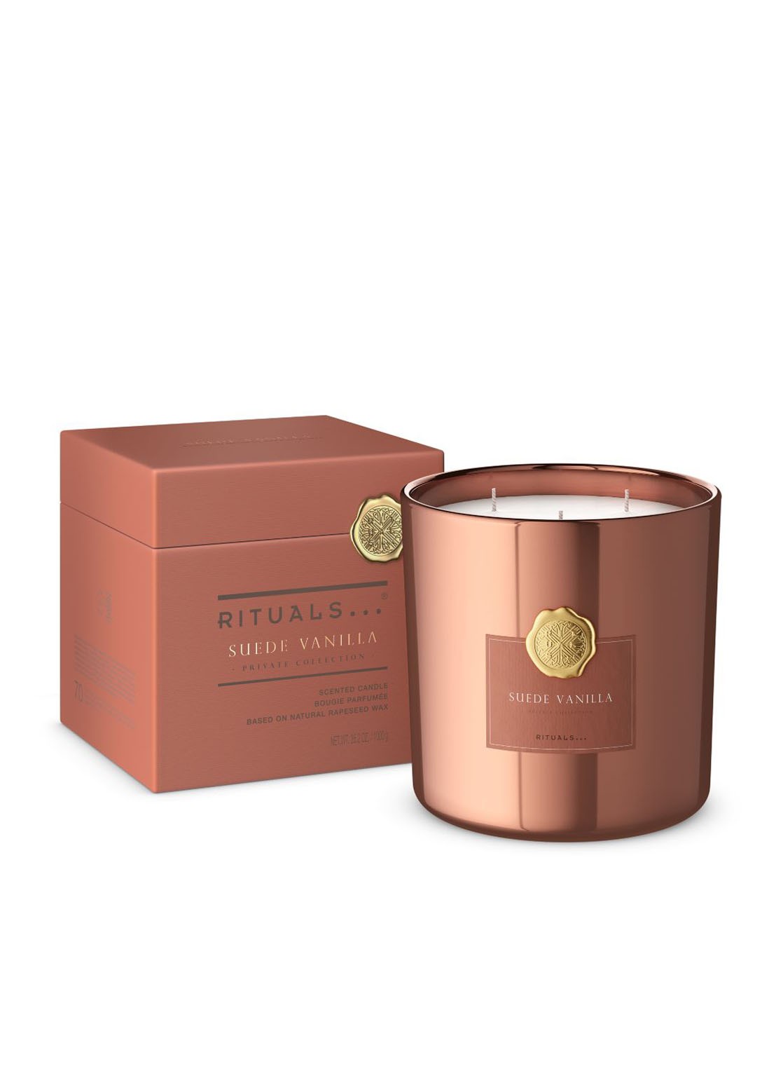 Rituals Suede Vanilla XL geurkaars 1000 gram - voorkant 4 oranjebruin