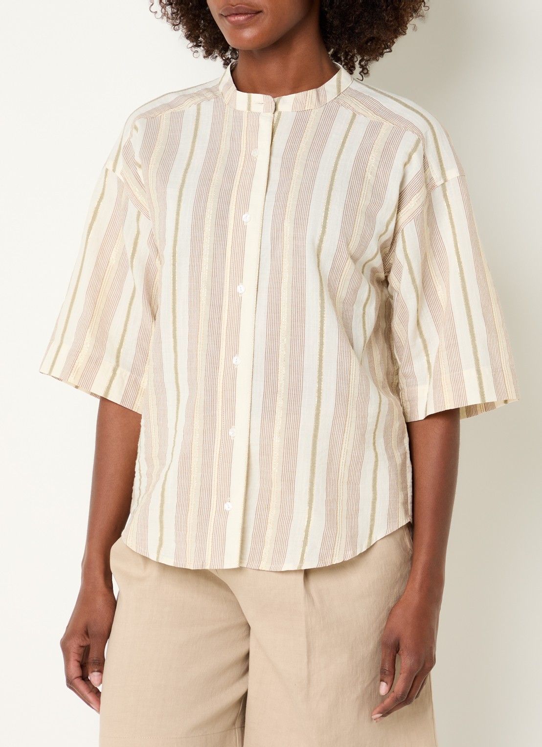 River Woods Blouse met streepprint en lurex - detail 3 beige