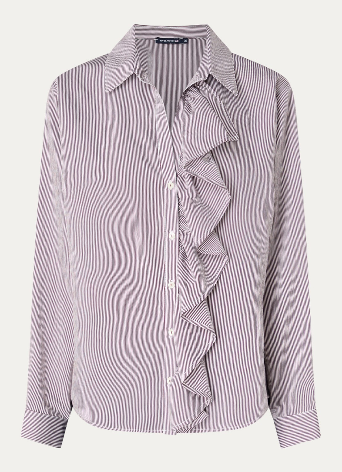 River Woods Blouse met streepprint en volant - voorkant 3 bordeauxrood