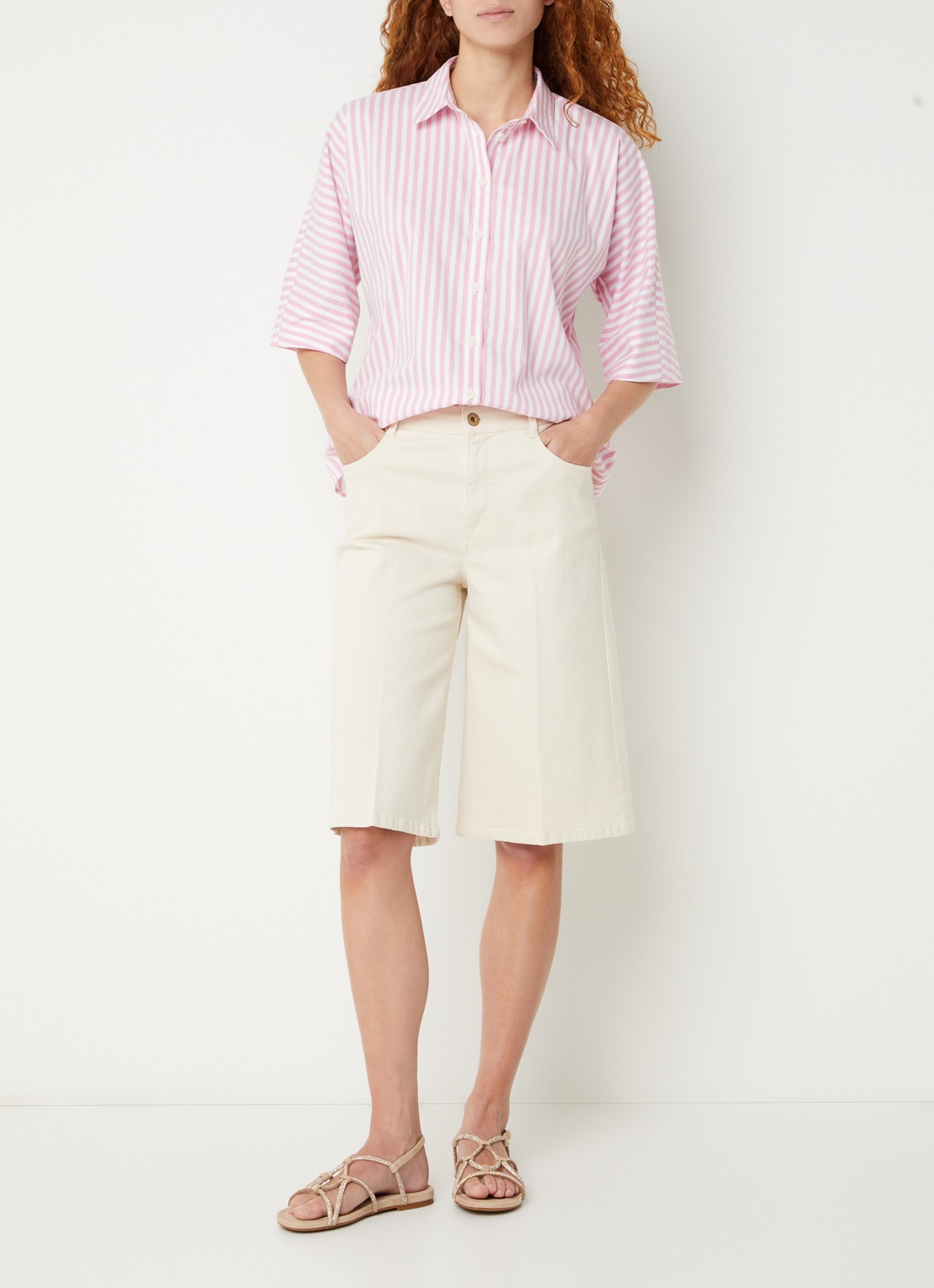 River Woods Blouse met streepprint - voorkant 2 lichtroze
