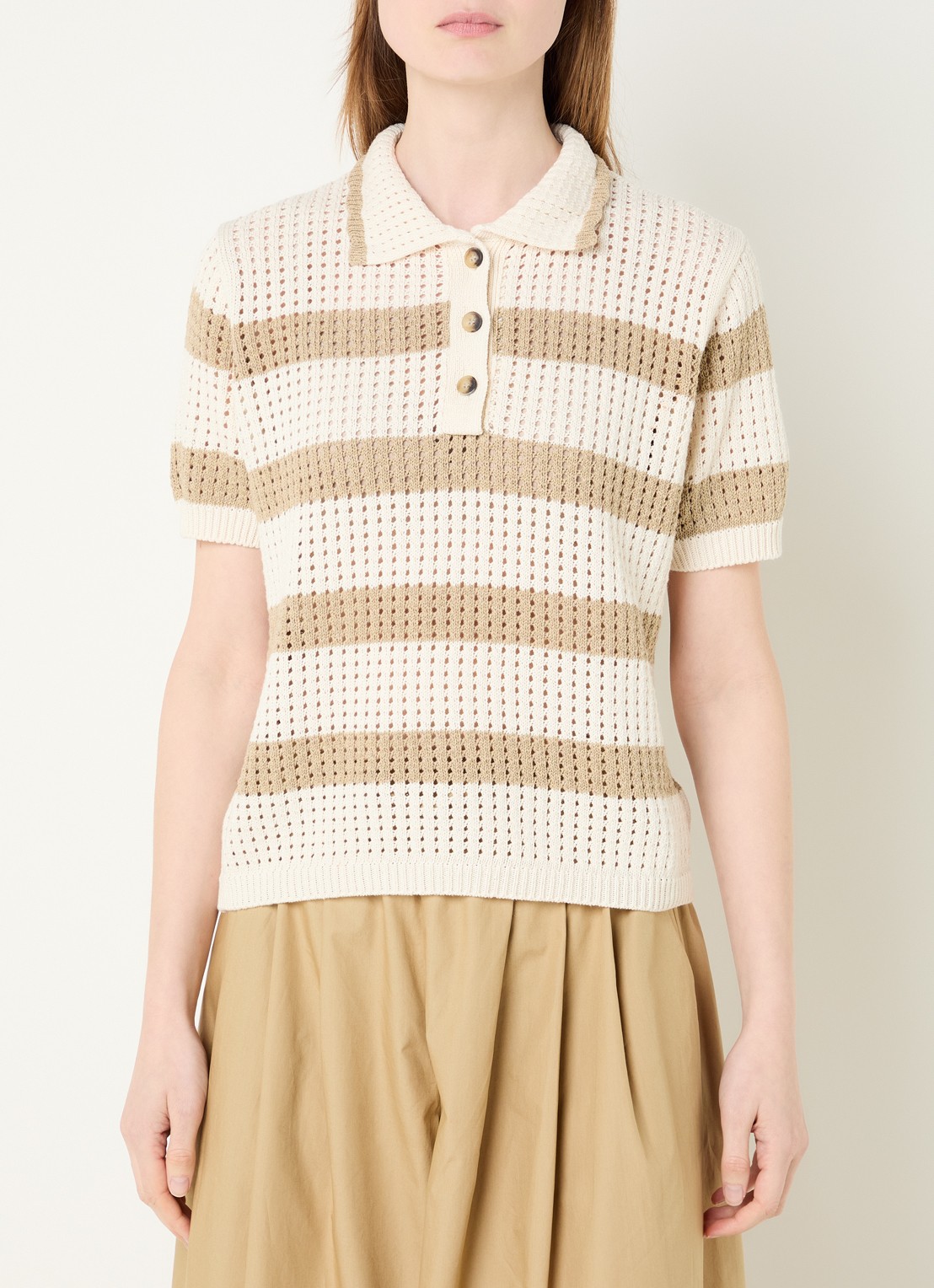 River Woods Fijngebreide polo met streepprint - detail creme