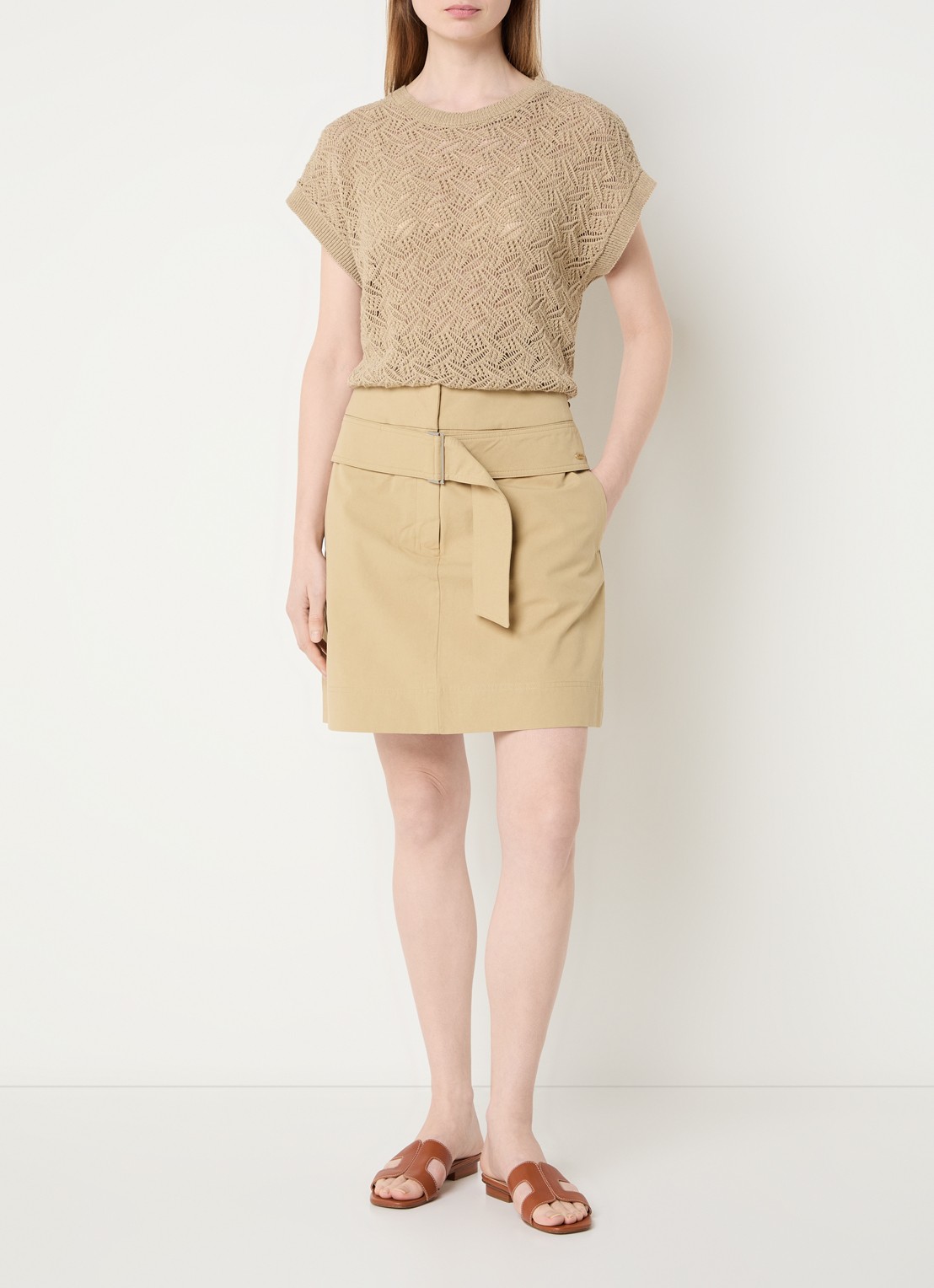 River Woods Fijngebreide top met opengewerkt dessin - voorkant 4 beige
