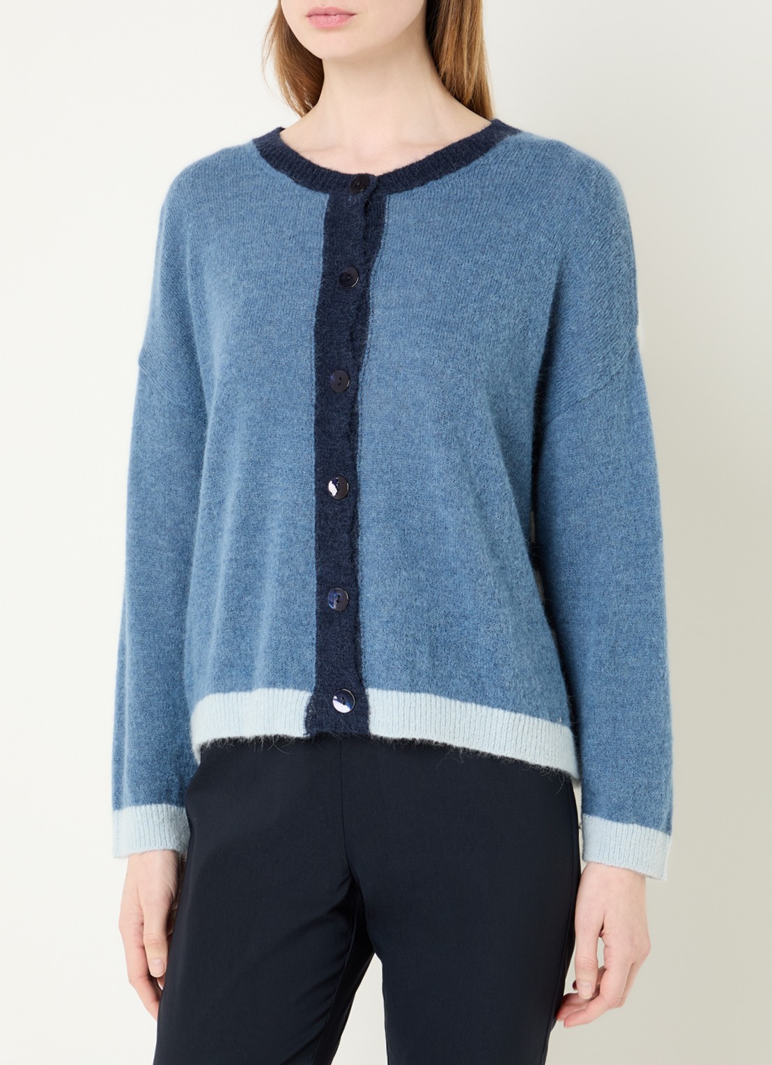 River Woods Grofgebreid vest in alpaca wolblend met streepprint - detail staalblauw