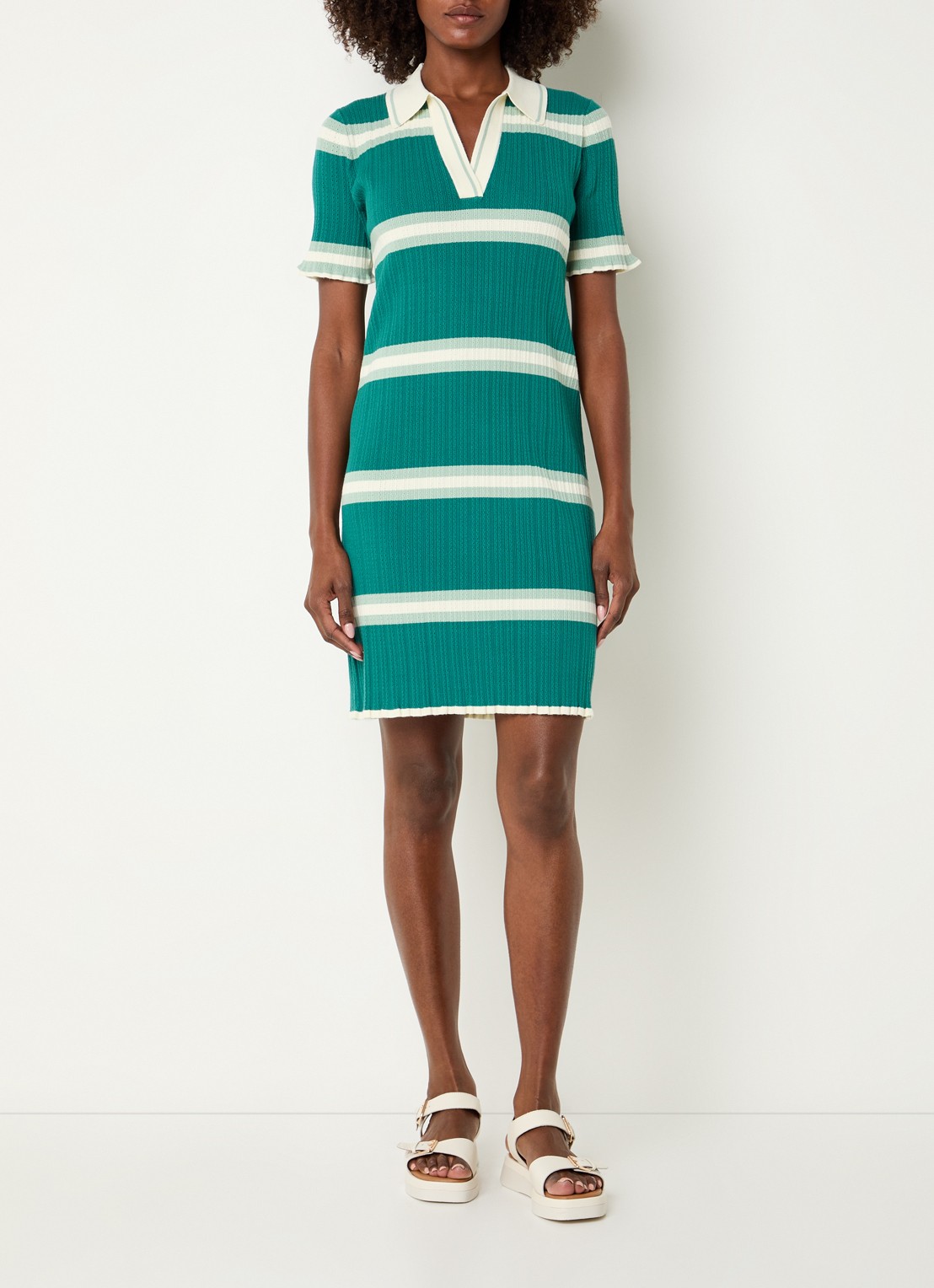 River Woods Grofgebreide mini jurk met streepprint - voorkant 4 zeegroen