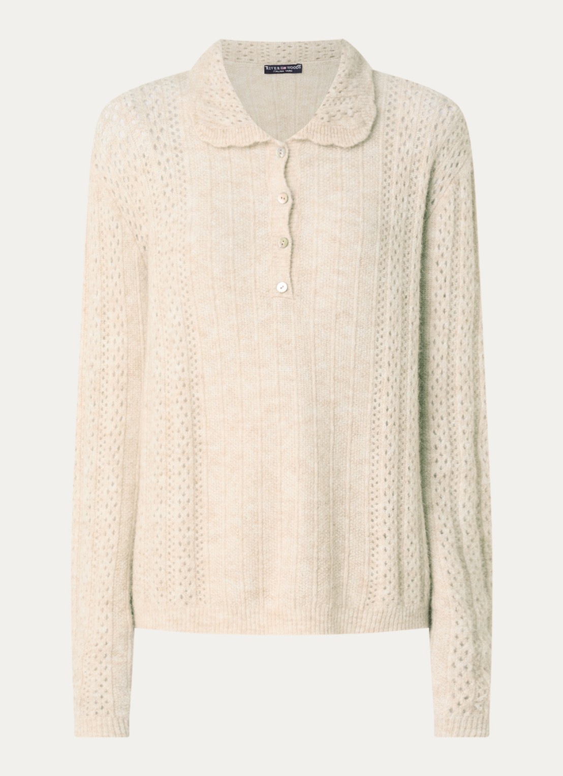 River Woods Grogebreide trui in alpaca wolblend met opengewerkt dessin - voorkant 3 beige