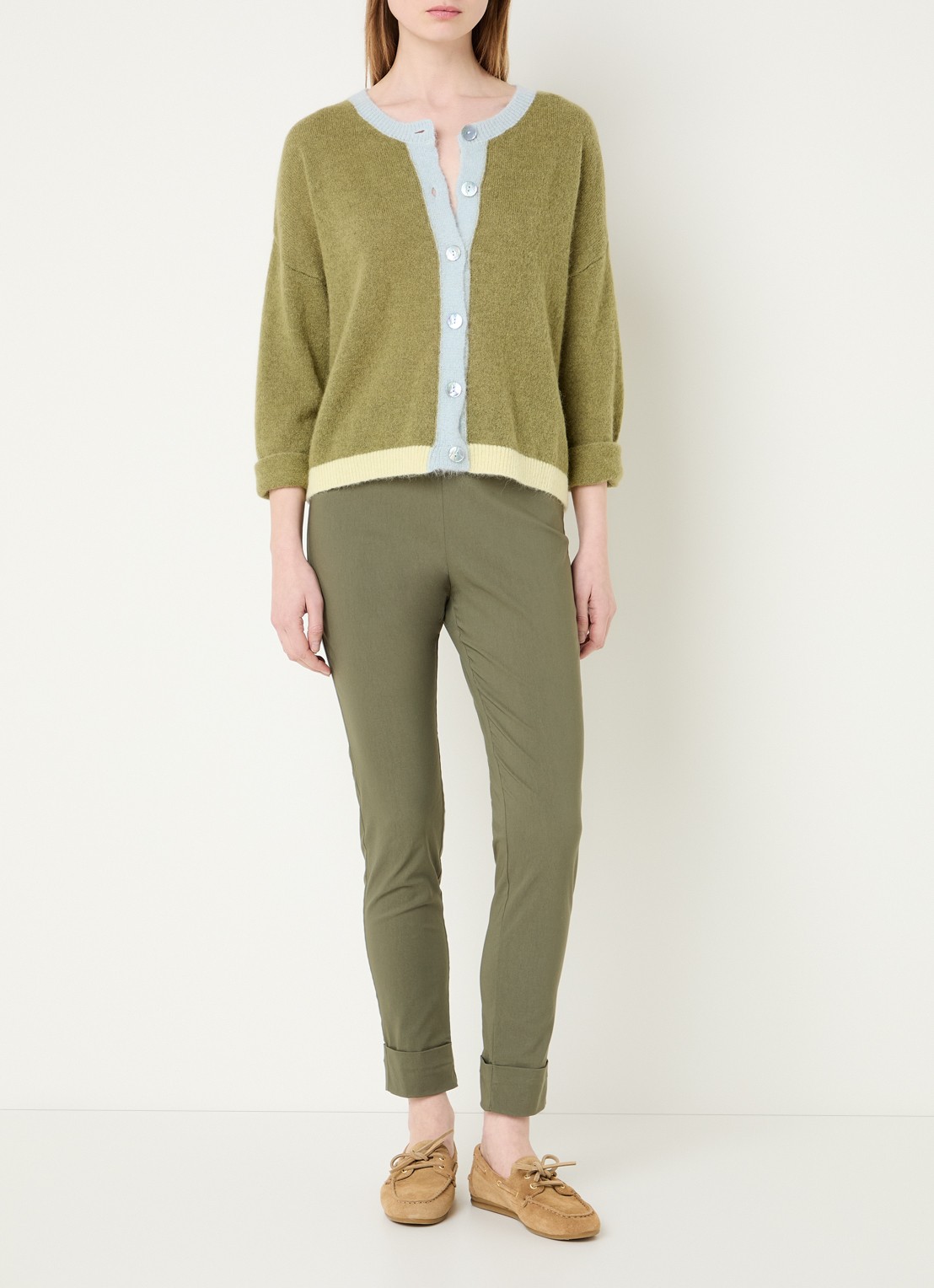River Woods High waist slim fit broek met strech - voorkant 3 mosgroen